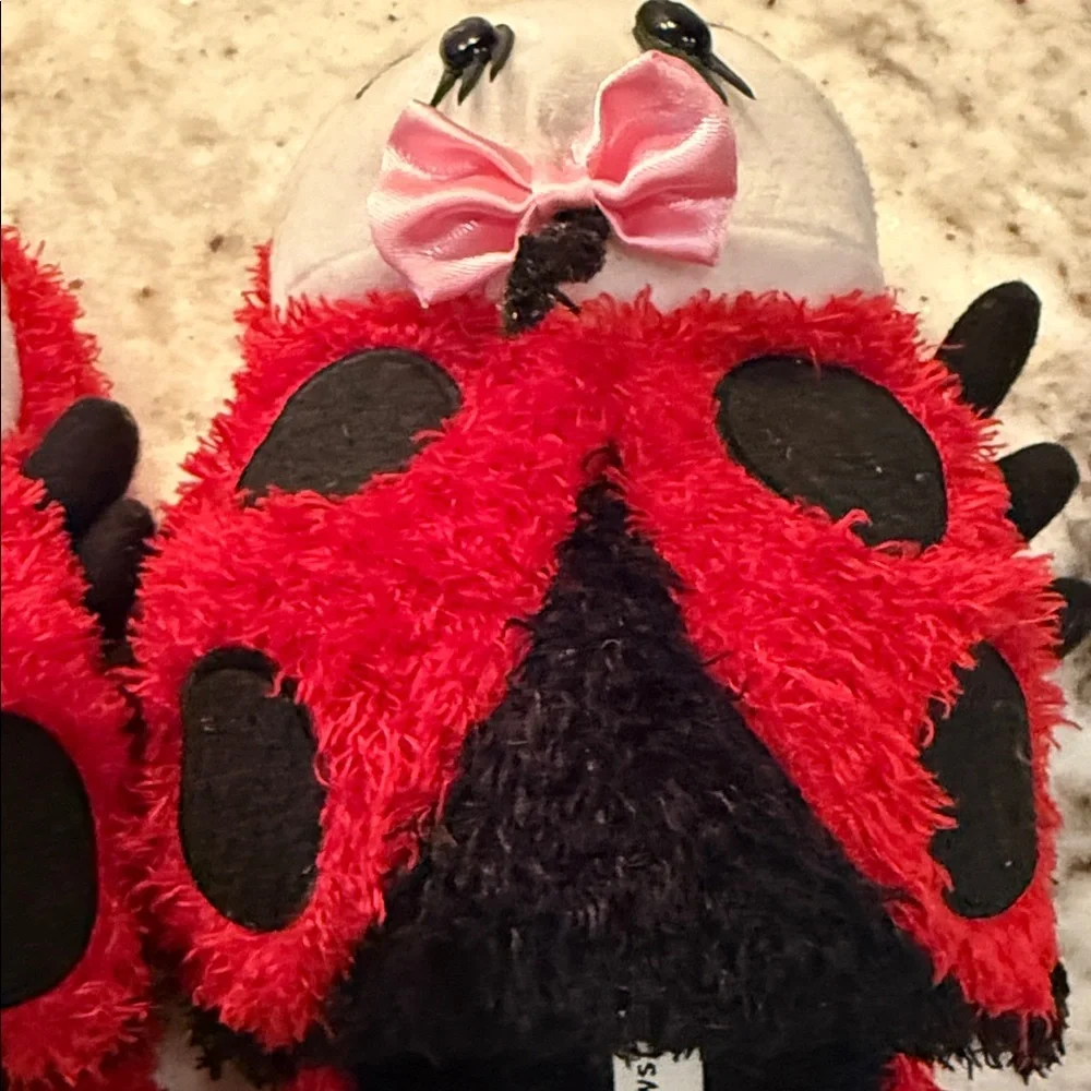 Girls Plush Ladybug Slipper Socks with Pink Bow - Red & Black